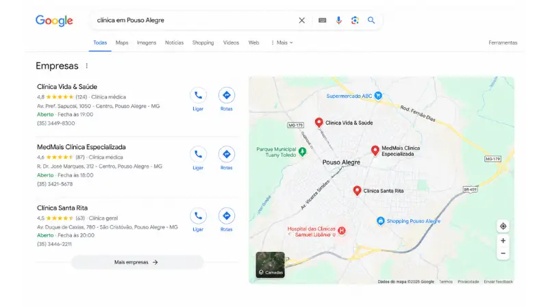 resultado de busca local para seo para clínicas em Pouso Alegre — Local Pack Google