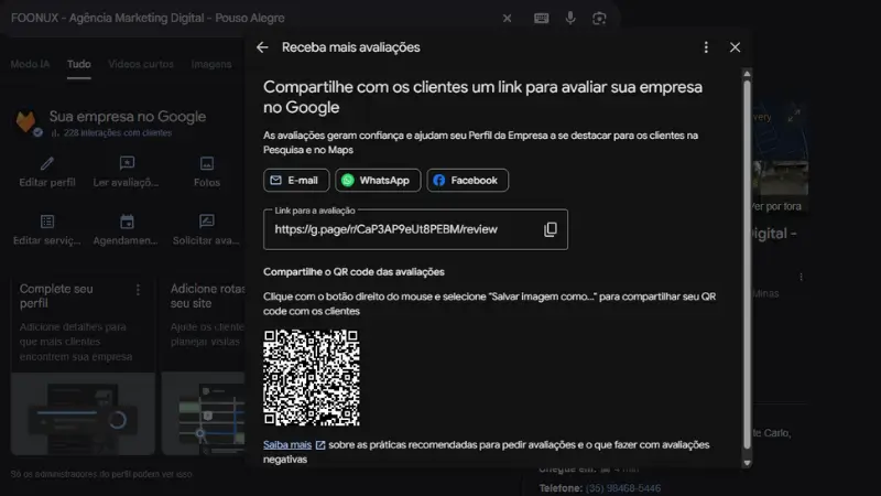 tela do perfil da empresa com link e QR code de avaliações no google para empresas